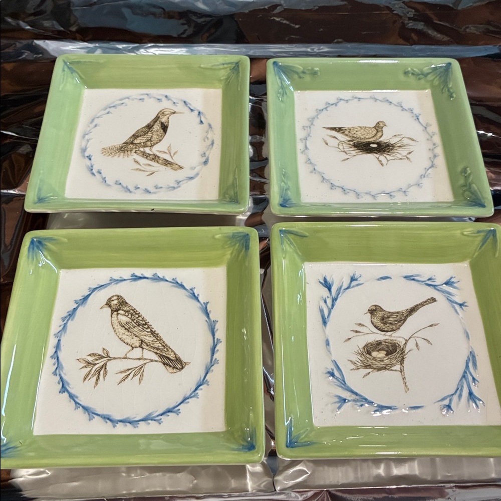 Set of 4 Vintage Green Ceramic Bird Appetizer Plates - Star of Wonder Set
